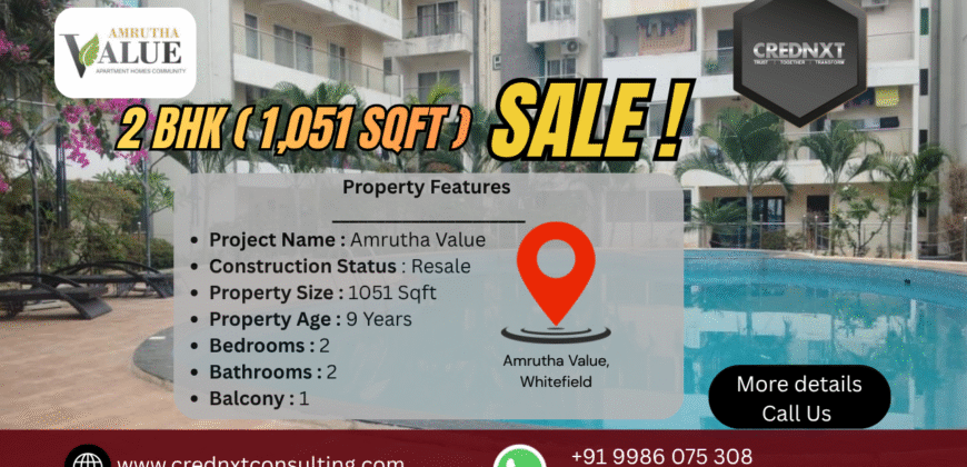 Fully Furnished 2 BHK Amrutha Value (1,051 sq. ft.) for Sale in Whitefield, Bangalore